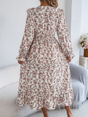 Floral Ruffle Long Sleeves Smocked Waist Midi Dress