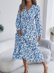 Floral Ruffle Long Sleeves Smocked Waist Midi Dress