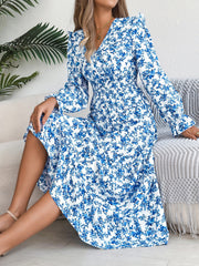 Floral Ruffle Long Sleeves Smocked Waist Midi Dress