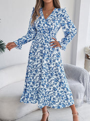 Floral Ruffle Long Sleeves Smocked Waist Midi Dress