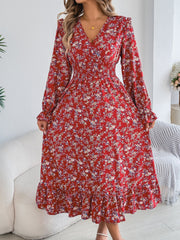 Floral Ruffle Long Sleeves Smocked Waist Midi Dress
