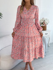 Floral V Neck Long Sleeve Smocked Tiered Midi Dress