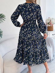 Floral V Neck Long Sleeve Smocked Tiered Midi Dress