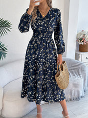 Floral V Neck Long Sleeve Smocked Tiered Midi Dress