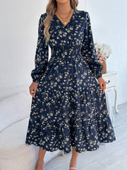Floral V Neck Long Sleeve Smocked Tiered Midi Dress