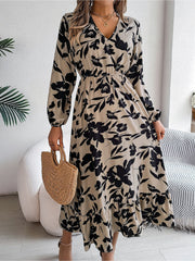 Casual Floral V Neck Long Sleeve Midi Dress