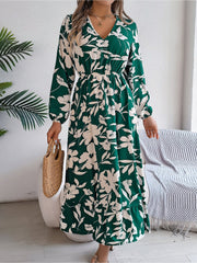 Casual Floral V Neck Long Sleeve Midi Dress