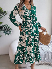 Casual Floral V Neck Long Sleeve Midi Dress