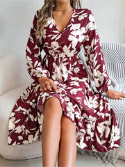 Casual Floral V Neck Long Sleeve Midi Dress