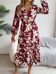 Casual Floral V Neck Long Sleeve Midi Dress