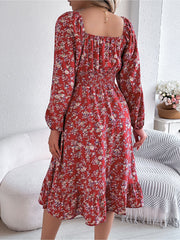 Floral Square Neck Long Sleeve Smocked A-Line Dress