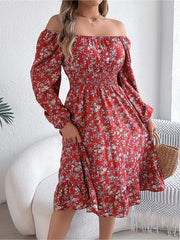Floral Square Neck Long Sleeve Smocked A-Line Dress