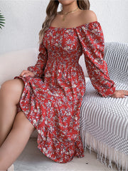 Floral Square Neck Long Sleeve Smocked A-Line Dress