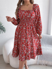 Floral Square Neck Long Sleeve Smocked A-Line Dress