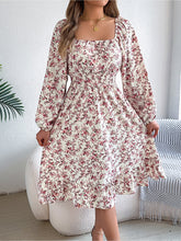 Floral Square Neck Long Sleeve Smocked A-Line Dress