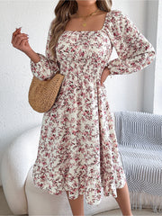 Floral Square Neck Long Sleeve Smocked A-Line Dress