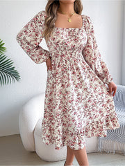 Floral Square Neck Long Sleeve Smocked A-Line Dress
