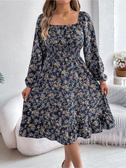 Floral Square Neck Long Sleeve Smocked A-Line Dress