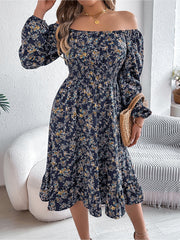 Floral Square Neck Long Sleeve Smocked A-Line Dress