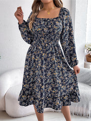 Floral Square Neck Long Sleeve Smocked A-Line Dress
