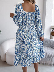 Floral Square Neck Long Sleeve Smocked A-Line Dress