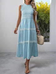 Ruffled Sleeveless Striped Smocked Lace Tiered Dress