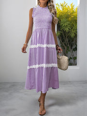 Ruffled Sleeveless Striped Smocked Lace Tiered Dress