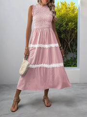 Ruffled Sleeveless Striped Smocked Lace Tiered Dress