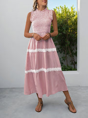 Ruffled Sleeveless Striped Smocked Lace Tiered Dress