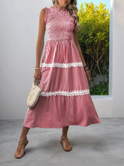 Ruffled Sleeveless Striped Smocked Lace Tiered Dress