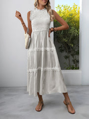 Ruffled Sleeveless Striped Smocked Lace Tiered Dress