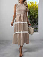 Ruffled Sleeveless Striped Smocked Lace Tiered Dress