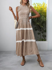 Ruffled Sleeveless Striped Smocked Lace Tiered Dress
