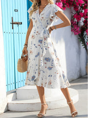 Floral Ruffled Short Sleeves Lace-Up Wrap Dress
