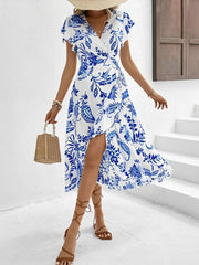 Floral Ruffled Short Sleeves Lace-Up Wrap Dress