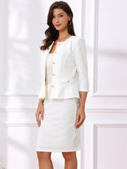 2 Pieces Tweed Button Down 3/4 Sleeves Jacket & Midi Pencil Skirt Set