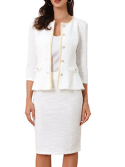 2 Pieces Tweed Button Down 3/4 Sleeves Jacket & Midi Pencil Skirt Set