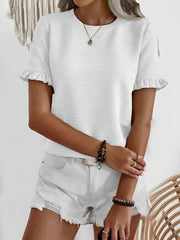 Round Neck Ruffled Short Sleeve Textured Blouse