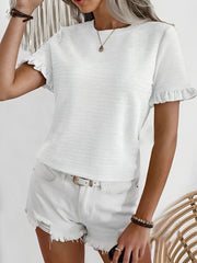 Round Neck Ruffled Short Sleeve Textured Blouse