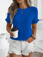 Round Neck Ruffled Short Sleeve Textured Blouse