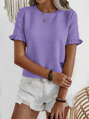 Round Neck Ruffled Short Sleeve Textured Blouse