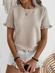 Round Neck Ruffled Short Sleeve Textured Blouse