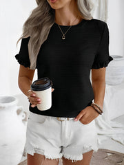 Round Neck Ruffled Short Sleeve Textured Blouse