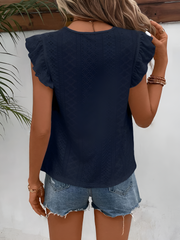 Round Neck Ruffle Cap Sleeves Eyelet Casual Blouse