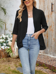 Solid Color 3/4 Sleeve Open Front Eyelet Jacket