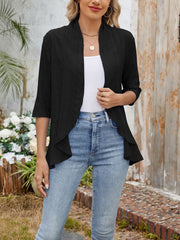 Solid Color 3/4 Sleeve Open Front Eyelet Jacket