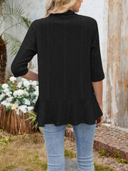 Solid Color 3/4 Sleeve Open Front Eyelet Jacket