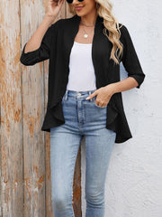 Solid Color 3/4 Sleeve Open Front Eyelet Jacket