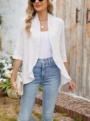 Solid Color 3/4 Sleeve Open Front Eyelet Jacket