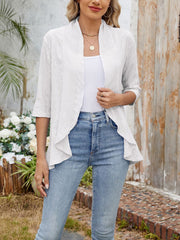 Solid Color 3/4 Sleeve Open Front Eyelet Jacket